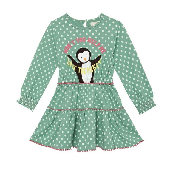Peek Girl's Green Penguin Polka Dot Cotton Terry Fit & Flare Dress Kids Size 8 - Picture 1 of 3